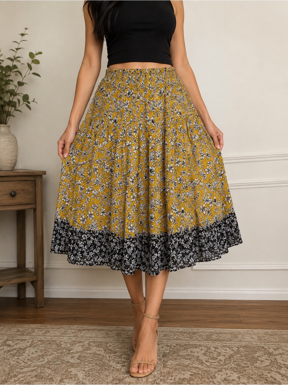 Max Studio Mustard Yellow Floral Smocked Waist Skirt with Black Border